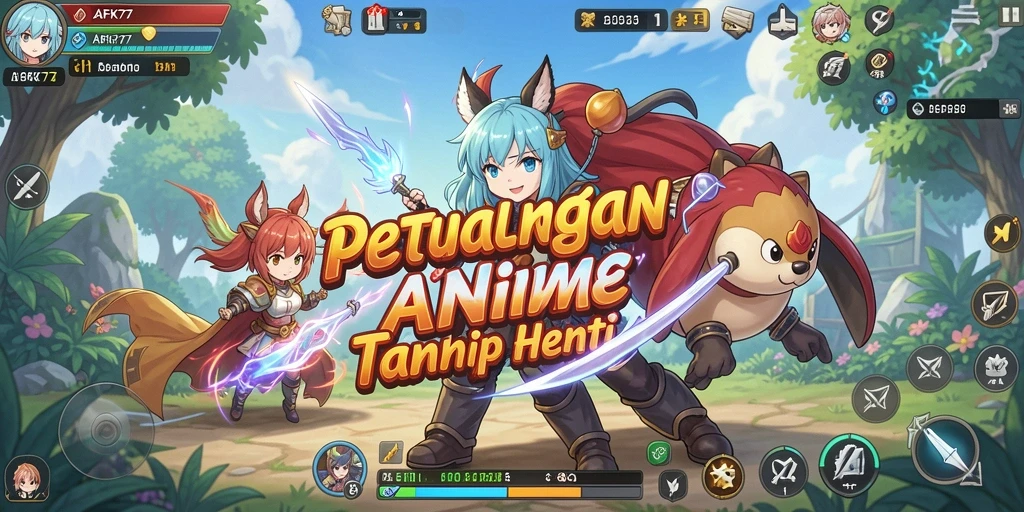 Screenshot gameplay AFK77 dengan karakter anime yang beraksi.