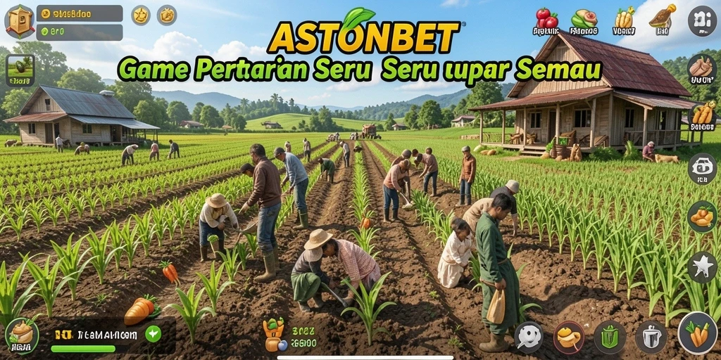 Screenshot utama gameplay ASTONBET menampilkan suasana pertanian yang ceria.