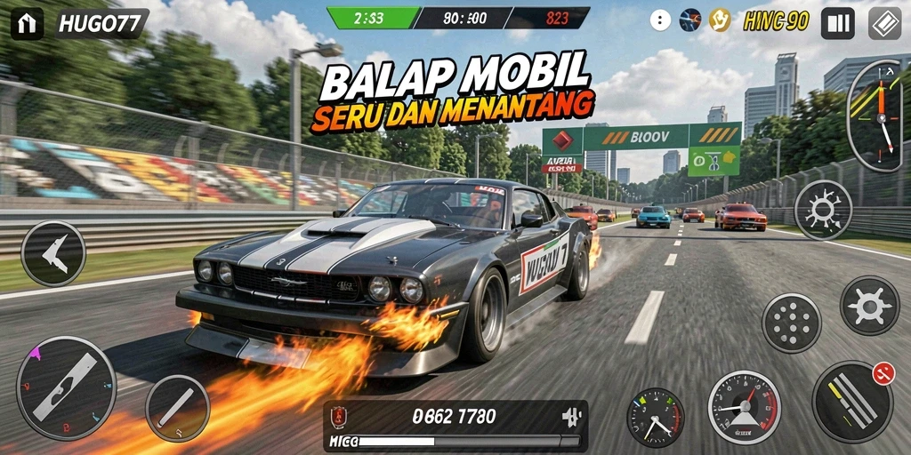 Tampilan gameplay menegangkan dari HUGO77 yang penuh kecepatan.