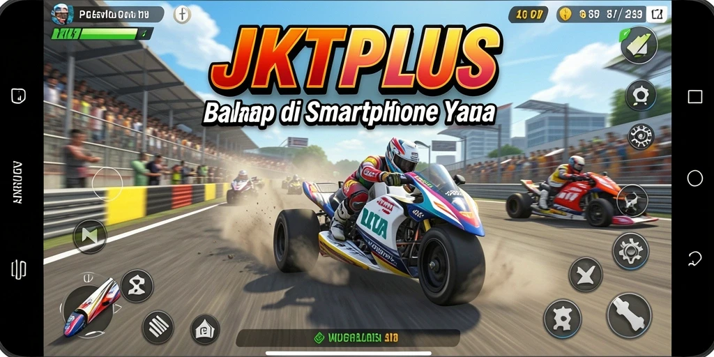 Tangkapan layar permainan JKTPLUS yang menunjukkan balapan mendebarkan di lintasan.