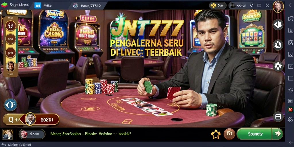 Screenshot gameplay JNT777 yang menampilkan dealer profesional dan suasana kasino yang hidup.