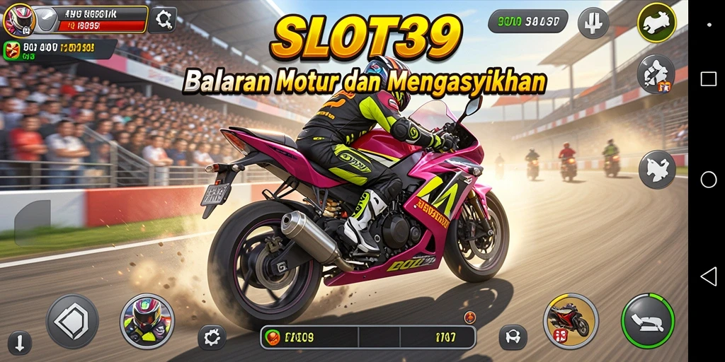 Screenshot menampilkan gameplay balapan motor yang menegangkan di SLOT39.
