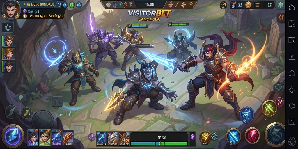 Tampilan gameplay mendebarkan dalam VISITORBET yang menampilkan aksi pertarungan MOBA.